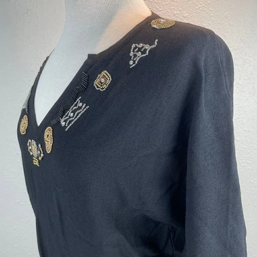 Multiples Black 3/4 Sleeve Beaded Blouse Top EUC